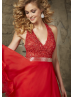 Chiffon Lace Beaded V Neck Open Back Knee Length Prom Dress 